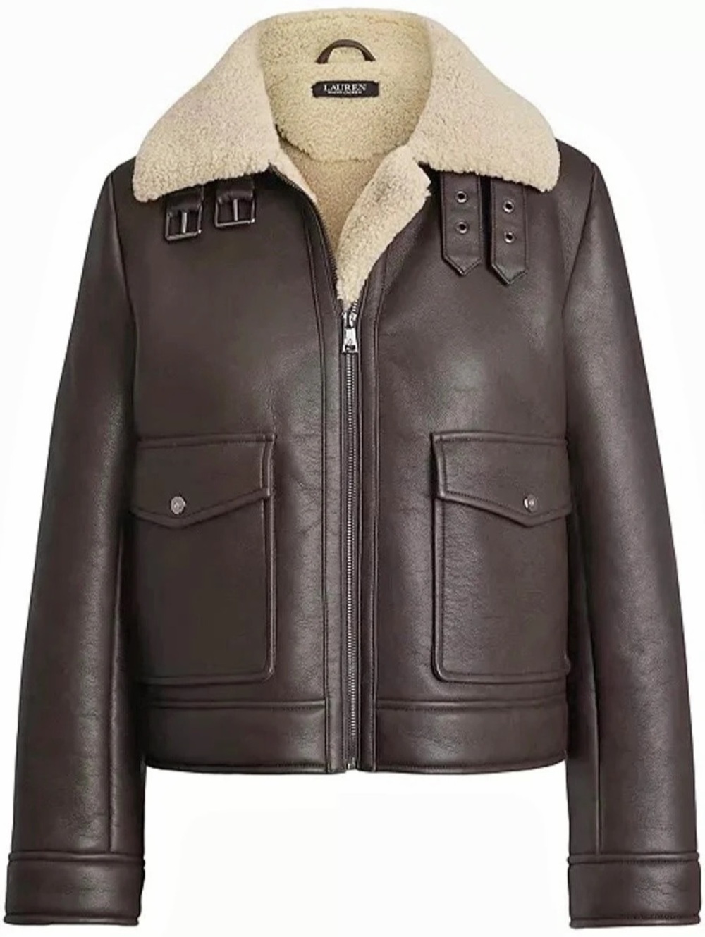 Lauren Ralph Lauren Women's Brown Shearling-Collar Jacket New, Size S